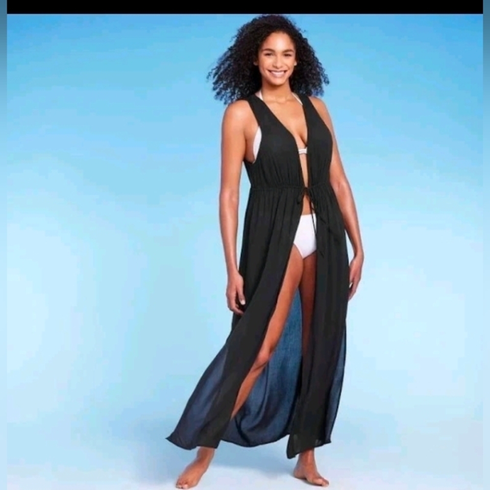 Kona Sol Women's Sleeveless Cover Up Maxi Duster Black Size S/M